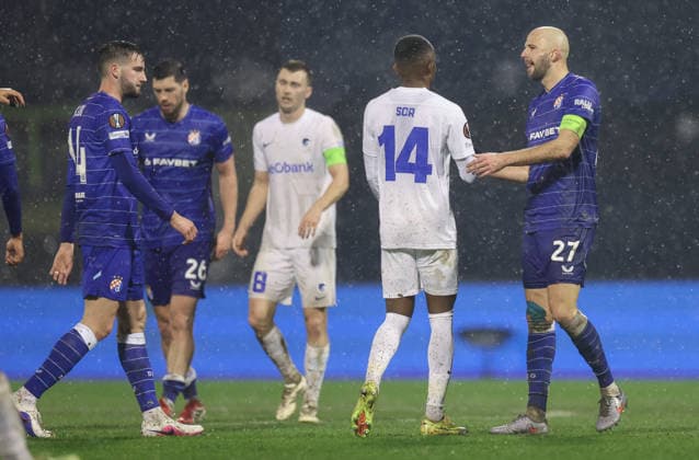 GNK Dinamo v KRC Genk - UEFA Europa League 2025 26 Knockout Play-off First Leg ZAGREB, CROATIA - FEBRUARY 19: Marko Soldo, Josip Misic during the UEFA Europa League 2025 26 Knockout Play-off First Leg match between GNK Dinamo and KRC Genk at Stadion Maksimir on February 19, 2026 in Zagreb, Croatia.  GoranxStanzl PIXSELL