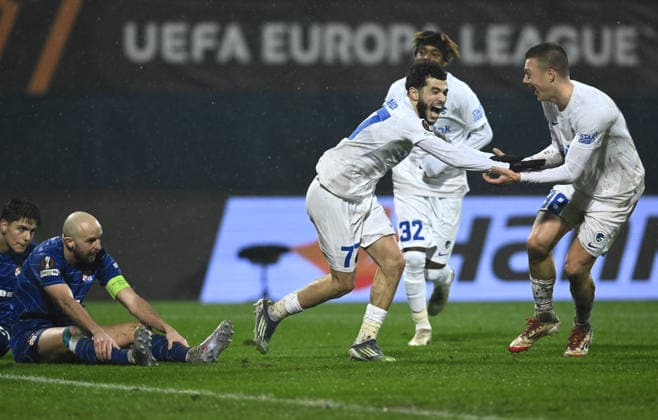GNK Dinamo v KRC Genk - UEFA Europa League 2025 26 Knockout Play-off First Leg ZAGREB, CROATIA - FEBRUARY 19: Matteo Vinlof, Josip Misic, Noah Adedeji, Zakaria el Ouahdi, Daan Heymans during the UEFA Europa League 2025 26 Knockout Play-off First Leg match between GNK Dinamo and KRC Genk at Stadion Maksimir on February 19, 2026 in Zagreb, Croatia.  MarkoxLukunic PIXSELL