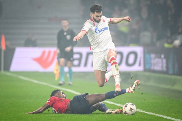 February 19, 2026, Villeneuve-D ascq, France, France: Felix CORREIA of Lille and Nayair TIKNIZYAN of Crvena Zvezda during the UEFA Europa League match between Lille OSC (LOSC) and Crvena Zvezda at Pierre Mauroy Stadium on February 19, 2026 in Villeneuve-d Ascq near Lille, France. Villeneuve-D ascq France - ZUMAm308 20260219_zsp_m308_007 Copyright: xMatthieuxMirvillex