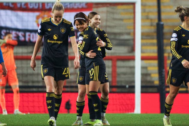 Manchester United, ManU Women v Athletico de Madrid Femenino - UEFA Women s Champions League Round of 16 Second Leg 25 26 Manchester United Women s Jessica Park scores their teams second goal of the match and celebrates with a hug from Hinata Miyazawa against Athletico de Madrid Femenino - UEFA Women s Champions League Round of 16 Second Leg 25 26 19.02.2026 Leigh Leigh Sports Village United Kingdom Copyright: xZacharyxLockex