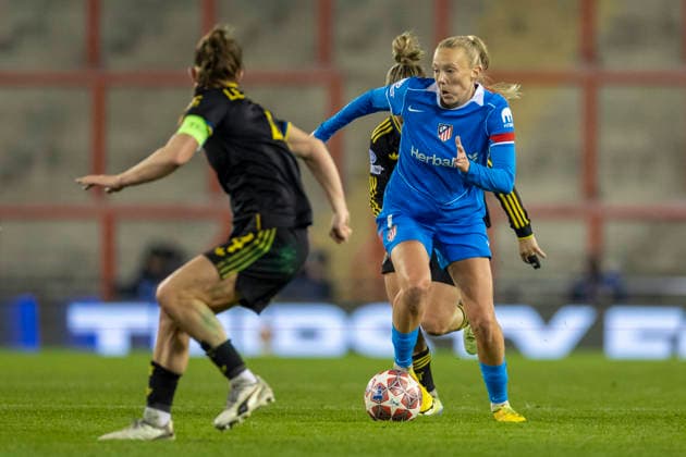 19th February 2026; Leigh Sports Village, Manchester, England; Womens Champions League Football, Manchester United, ManU versus Atletico Madrid; Synne Jensen of Atletico Madrid under pressure from Maya Le Tissier of Manchester United Women  TimxWilliams Content restricted for UK based newspaper