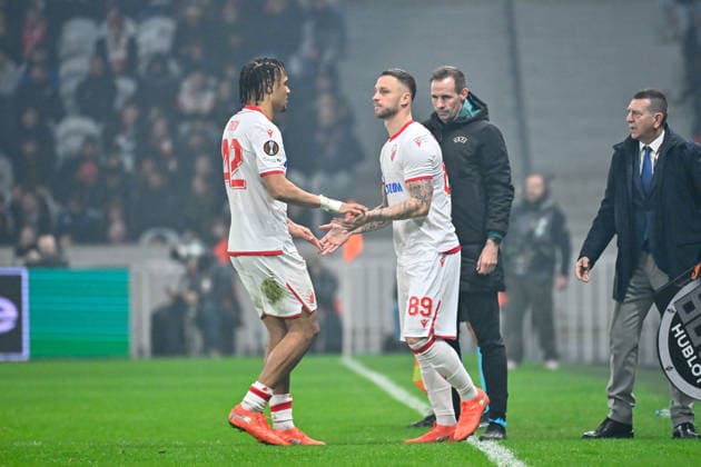 FOOTBALL : Lille vs Etoile Rouge Belgrade - Europa League - Lille - 19 02 2026 Jay Enem ( 42 - Red Star Belgrade ) and Marko Arnautovic ( 89 - Red Star Belgrade ) during the UEFA Europa League match between Lille OSC and Red Star Belgrade at Stade Pierre Mauroy on February 19, 2026 in Lille, France. ( Photo by Federico Pestellini PsnewZ ) - LilleFrance  Copyright: xFedericoxPestellinix
