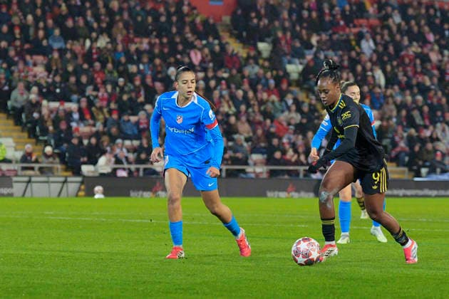 Manchester United, ManU Women v AtlÃ tico de Madrid Femenino, Leigh, UK - 19 {iptcmonthname3} 2026 Melvine Malard of Manchester United Women runs with the ball during the UEFA Women s Champions League, Knockout Round Play-Off Second Leg match between Manchester United Women and AtlÃ tico de Madrid Femenino at Leigh Sports Village, Leigh on 19 February 2026 ( Leigh Leigh Sports Village Greater Manchester England Copyright: xStevexFlynn PPAUKx PPA-249555