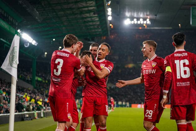 Fussball UEFA Europa League 2025 - 2026, Play-Offs Hinspiel - Celtic FC Glasgow vs VfB Stuttgart - Celtic Park Stadion (Glasgow, Schottland): Tor und Torjubel zum 1:4 durch Ermedin Demirovic (VfB Stuttgart, 9) Freude, Emotionen, Jubel - nach VAR Check wird Tor allerdings annulliert. Copyright: xJOERANxSTEINSIEKx