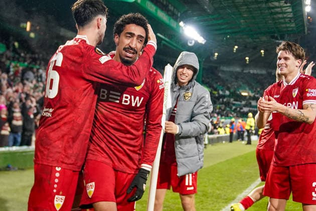 Fussball UEFA Europa League 2025 - 2026, Play-Offs Hinspiel - Celtic FC Glasgow vs VfB Stuttgart - Celtic Park Stadion (Glasgow, Schottland): Freude, Emotionen, Jubel beim 4:1 Torerfolg durch Tiago Tomas (VfB Stuttgart, 8) Freude, Emotionen, Jubel, Tränen Glasgow Schottland Vereinigtes Königreich Copyright: xJOERANxSTEINSIEKx