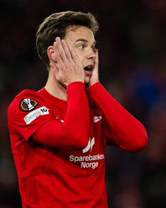 260219 Felix Horn Myhre of Brann looks dejected during the UEFA Europa League football match between Brann and Bologna on February 19, 2026 in Bergen. Photo: Marius Simensen BILDBYRAN COP 238 MM0056 bbeng bologna brann depp football fotball fotboll soccer uefa europa league Copyright: MARIUSxSIMENSEN BB260219ZM111