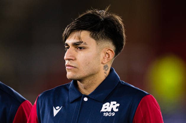 260219 Santiago Thomas Castro of Bologna ahead of the UEFA Europa League football match between Brann and Bologna on February 19, 2026 in Bergen. Photo: Marius Simensen BILDBYRAN COP 238 MM0056 bbeng bologna brann football fotball fotboll soccer uefa europa league Copyright: MARIUSxSIMENSEN BB260219ZS110