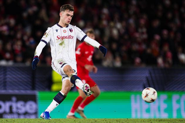 260219 Thijs Dallinga of Bologna during the UEFA Europa League football match between Brann and Bologna on February 19, 2026 in Bergen. Photo: Marius Simensen BILDBYRAN COP 238 MM0056 bbeng bologna brann football fotball fotboll soccer uefa europa league Copyright: MARIUSxSIMENSEN BB260219ZN100