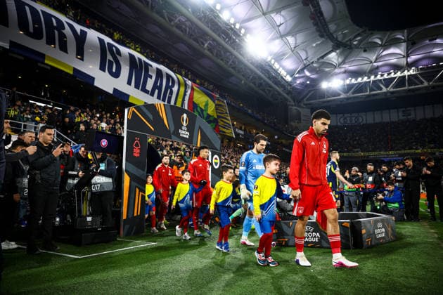 Fenerbahce SK vs Nottingham Forest FC Europa League 2025-26 KO play-offs 1st leg Morgan Gibbs-White of Nottingham Forest FC enters the field for the opening ceremony. Fenerbahce SK and Nottingham Forest FC faced each other at UEFA Europa League 2025 26 KO play-offs 1st leg. The match took place in Chobani Fenerbahce Sukru Saracoglu Stadium on February 19th, 2026. Istanbul Istanbul Turkey Copyright: xBurakxBasturkx