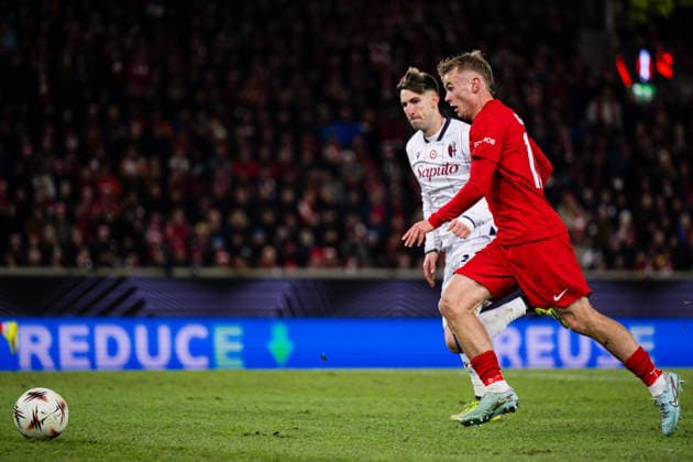 260219 Kristall Mani Ingason of Brann during the UEFA Europa League football match between Brann and Bologna on February 19, 2026 in Bergen. Photo: Marius Simensen BILDBYRAN COP 238 MM0056 bbeng bologna brann football fotball fotboll soccer uefa europa league Copyright: MARIUSxSIMENSEN BB260219ZB121