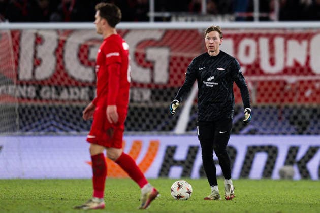 260219 Goalkeeper Mathias Dyngeland of Brann during the UEFA Europa League football match between Brann and Bologna on February 19, 2026 in Bergen. Photo: Marius Simensen BILDBYRAN COP 238 MM0056 bbeng bologna brann football fotball fotboll soccer uefa europa league Copyright: MARIUSxSIMENSEN BB260219ZN103