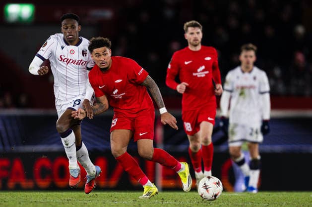 260219 Noah Holm of Brann during the UEFA Europa League football match between Brann and Bologna on February 19, 2026 in Bergen. Photo: Marius Simensen BILDBYRAN COP 238 MM0056 bbeng bologna brann football fotball fotboll soccer uefa europa league Copyright: MARIUSxSIMENSEN BB260219ZN104