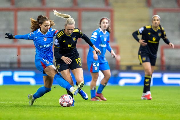 19th February 2026; Leigh Sports Village, Manchester, England; Womens Champions League Football, Manchester United, ManU versus Atletico Madrid; Ellen Wangerheim of Manchester United Women is tackled by Xenia Perez of Atletico Madrid  TimxWilliams Content restricted for UK based newspaper
