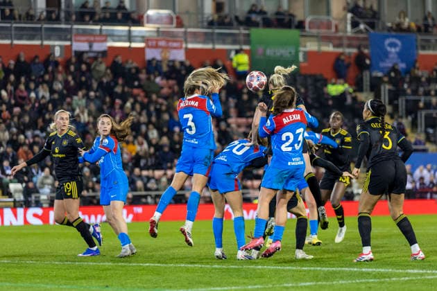 19th February 2026; Leigh Sports Village, Manchester, England; Womens Champions League Football, Manchester United, ManU versus Atletico Madrid; Millie Turner of Manchester United Women heads the ball  TimxWilliams Content restricted for UK based newspaper