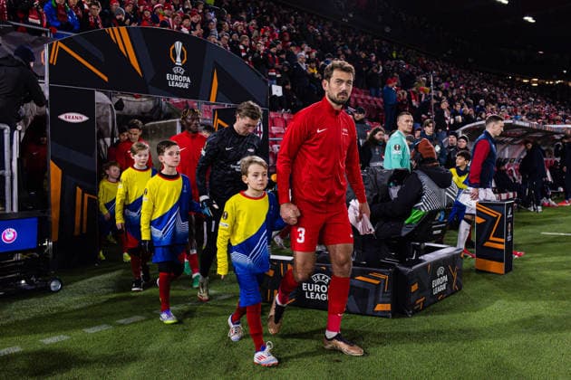 260219 Fredrik Pallesen of Brann ahead of the UEFA Europa League football match between Brann and Bologna on February 19, 2026 in Bergen. Photo: Marius Simensen BILDBYRAN COP 238 MM0056 bbeng bologna brann football fotball fotboll soccer uefa europa league Copyright: MARIUSxSIMENSEN BB260219ZA111