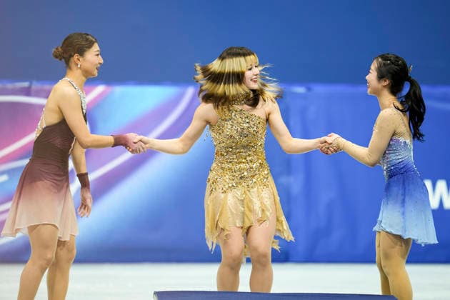 OLYMPICS - Winter Olympic Games, Olympische Spiele, Olympia, OS Milano Cortina 2026 MILAN,ITALY,19.FEB.26 - OLYMPICS, Figure skating, Eiskunstlauf - Winter Olympic Games Milano Cortina 2026, single skating, free, women, medal ceremony. Image shows Kaori Sakamoto (JPN), Alysa Liu (USA) and Ami Nakai (JPN).  GEPAxpictures xRanjithxKumar