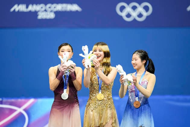 OLYMPICS - Winter Olympic Games, Olympische Spiele, Olympia, OS Milano Cortina 2026 MILAN,ITALY,19.FEB.26 - OLYMPICS, Figure skating, Eiskunstlauf - Winter Olympic Games Milano Cortina 2026, single skating, free, women, medal ceremony. Image shows Kaori Sakamoto (JPN), Alysa Liu (USA) and Ami Nakai (JPN). Keywords: medal, mascot.  GEPAxpictures xRanjithxKumar