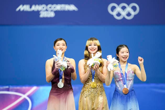 OLYMPICS - Winter Olympic Games, Olympische Spiele, Olympia, OS Milano Cortina 2026 MILAN,ITALY,19.FEB.26 - OLYMPICS, Figure skating, Eiskunstlauf - Winter Olympic Games Milano Cortina 2026, single skating, free, women, medal ceremony. Image shows Kaori Sakamoto (JPN), Alysa Liu (USA) and Ami Nakai (JPN). Keywords: medal, mascot.  GEPAxpictures xRanjithxKumar