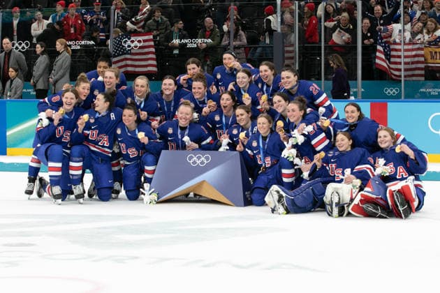 February 19, 2026, Milan, Lombardy, Italy: Team USA players celebrate the overtime win in the Team Canada vs. Team USA in WomenÃ¢â‚¬â ¢s Ice hockey, Eishockey Gold Medal Match at the Milano Santagiulia Ice Hockey during the 2026 Milano Cortina Winter Olympics. USA won in overtime 2-1. Milan Italy - ZUMAa19_ 20260219_oly_a19_013 Copyright: xAngelxAdamsx