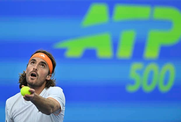 February 19, 2026, Doha, Qatar: Stefanos Tsitsipas of Greece plays against Andrey Rublev of Russia (not in view) during their men s singles quarter final match at the ATP, Tennis Herren Qatar Exxonmobil Open 2026 tennis tournament at the Khalifa International Tennis Complex. Andrey Rublev won against Andrey Rublev 6-3,7-6. Doha Qatar - ZUMAs197 20260219_aaa_s197_186 Copyright: xNoushadxVariyattiyakkalx