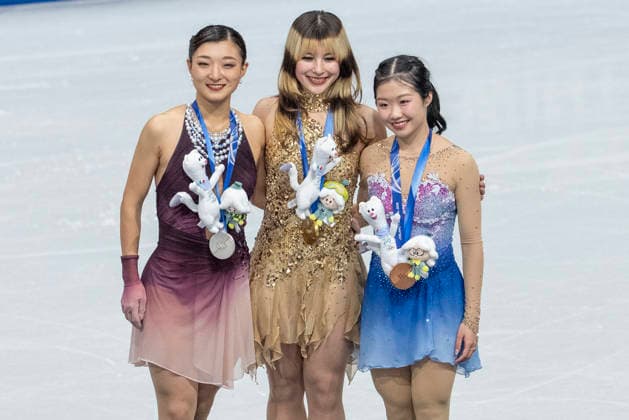 Figure skating, Eiskunstlauf - Milano Cortina 2026 Winter Olympics: Day 13 United States of America s Alysa Liu and Japan s Ami Nakai, Kaori Sakamoto celebrate on the podium after the Figure Skating Women Single Skating - Free Skating during Milano Cortina 2026 Winter Olympics - Day 15 on February 19, 2026 in Milan, Italy. Milano Italy  Copyright: xAndrzejxIwanczukx originalFilename:iwanczuk-figuresk260220_npsDb.jpg