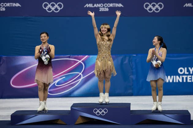February 19, 2026, Milano, Lombardy, Italy: Silver medal winner Kaori Sakamoto of Japan, Gold medal winner Alysa Liu of the United States and Bronze medal winner Ami Nakai of Japan stand on the podium in Figure skating, Eiskunstlauf Women Single during the 2026 Winter Olympics at the Milano Ice Skating Arena on Thursday in Milano. Olympics 2026: Milano Cortina: Figure Skating Women s  - ZUMAj89_ 20260219_oly_j89_080 Copyright: xPaulxKitagakixJr.x