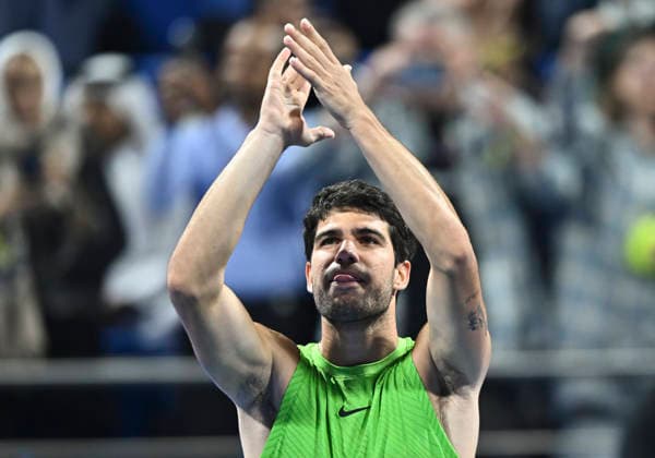 ATP, Tennis Herren Qatar Exxonmobil Open-Quarter Final Carlos Alcaraz of Spain cetebrates after winning against Karen Khachanov of Russia in the Quarter final at the ATP men s Qatar ExxonMobil Open 2026 tennis tournament at the Khalifa International Tennis Complex in Doha, Qatar, on February 19, 2026. DOHA Qatar Copyright: xNOUSHADx