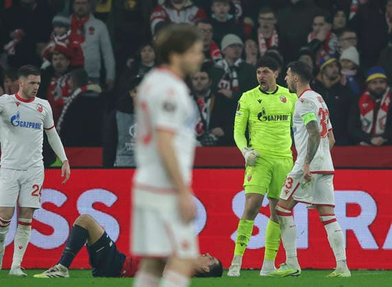 Lille v Crvena Zvezda, UEFA Europa League knock out play-offs 1st leg, season 2025 2026 goalkeeper Matheus Magalhaes and Rade Krunic (R) of Crvena Zvezda react during the UEFA Europa League 2025 26 League play-offs1st leg match between Lille and FK Crvena Zvezda at Stadium Pierre Mauroy on February 19, 2026 in Lille, France. Lille France Copyright: xPedjaxMilosavljevic STARSPORTx x