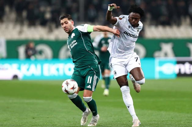 Panathinaikos FC v FC Viktoria Plzen - UEFA Europa League 2025 26 Knockout Play-off First Leg Salim Fago Lawal of Viktoria Plzen competes with Tasos Bakasetas of Panathinaikos during the UEFA Europa League play-offs 1st leg game between Panathinaikos and Viktoria Plzen at Oaka Stadium in Athens, Greece, on February 19, 2026.  Copyright: xStefanosxKyriazisx originalFilename:kyriazis-panathin260219_npq2Y.jpg