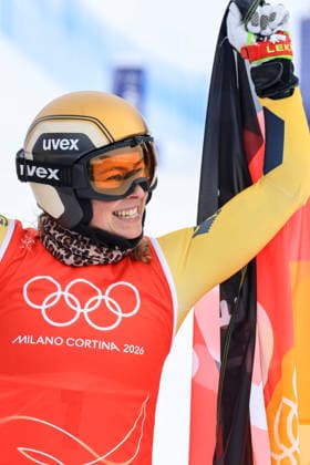 OLYMPICS - Winter Olympic Games, Olympische Spiele, Olympia, OS Milano Cortina 2026 LIVIGNO,ITALY,20.FEB.26 - OLYMPICS, SKI CROSS - Winter Olympic Games Milano Cortina 2026, Skicross, women, qualification. Image shows the rejoicing of Daniela Maier (GER).  GEPAxpictures xWolfgangxGrebien