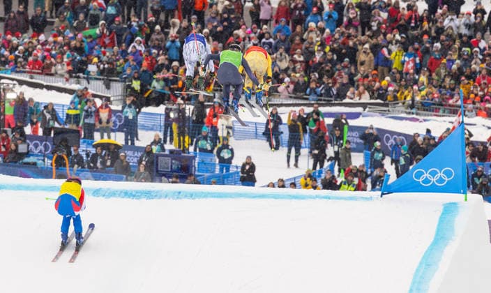 OLYMPICS - Winter Olympic Games, Olympische Spiele, Olympia, OS Milano Cortina 2026 LIVIGNO,ITALY,20.FEB.26 - OLYMPICS, SKI CROSS - Winter Olympic Games Milano Cortina 2026, Skicross, women, final. Image shows Marielle Berger Sabbatel (FRA), Fanny Smith (SUI), Sandra Naeslund (SWE) and Daniela Maier (GER).  GEPAxpictures xHaraldxSteiner