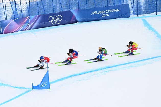 2026 WINTER Olympic Games, Olympische Spiele, Olympia, OS (L-R) Fanny Smith of Switzerland, Hannah Schmidt of Canada, Jade Grillet-Aubert of France and Brittany Phelan of Canada compete in the quarterfinal of the Women™s Ski Cross at Livigno Snow Park, on day 14 of the 2026 Milano Cortina Winter Olympic Games in Italy, Friday, February 20, 2026. ( NO ARCHIVING, EDITORIAL USE ONLY LIVIGNO SONDRIO ITALY  Copyright: xDANxHIMBRECHTSx 20260221143981711420