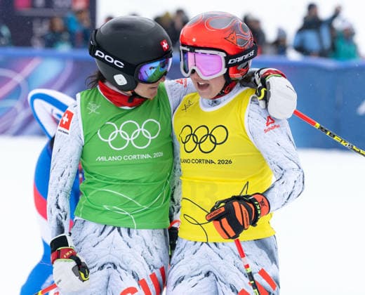 OLYMPICS - Winter Olympic Games, Olympische Spiele, Olympia, OS Milano Cortina 2026 LIVIGNO,ITALY,20.FEB.26 - OLYMPICS, SKI CROSS - Winter Olympic Games Milano Cortina 2026, Skicross, women, final. Image shows Talina Gantenbein (SUI) and Sixtine Cousin (SUI).  GEPAxpictures xWolfgangxGrebien