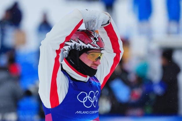 February 20, 2026, Livigno, Italy: Canada s Lewis Irving reacts to his run during the men s aerials final at the Milano Cortina 2026 Winter Olympic Games, Olympische Spiele, Olympia, OS in Livigno, Italy, Friday, Feb. 20, 2026. Canada News - February 20, 2026  - ZUMAc35_ 20260220_zaf_c35_027 Copyright: xSeanxKilpatrickx