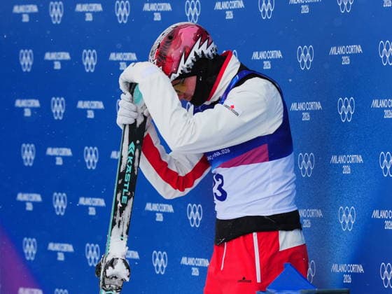 February 20, 2026, Livigno, Italy: Canada s Lewis Irving reacts to his run during the men s aerials final at the Milano Cortina 2026 Winter Olympic Games, Olympische Spiele, Olympia, OS in Livigno, Italy, Friday, Feb. 20, 2026. Canada News - February 20, 2026  - ZUMAc35_ 20260220_zaf_c35_029 Copyright: xSeanxKilpatrickx