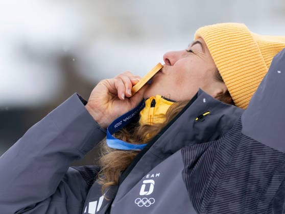 OLYMPICS - Winter Olympic Games, Olympische Spiele, Olympia, OS Milano Cortina 2026 LIVIGNO,ITALY,20.FEB.26 - OLYMPICS, SKI CROSS - Winter Olympic Games Milano Cortina 2026, Skicross, women, final, medal ceremony. Image shows Daniela Maier (GER). Keywords: medal.  GEPAxpictures xWolfgangxGrebien