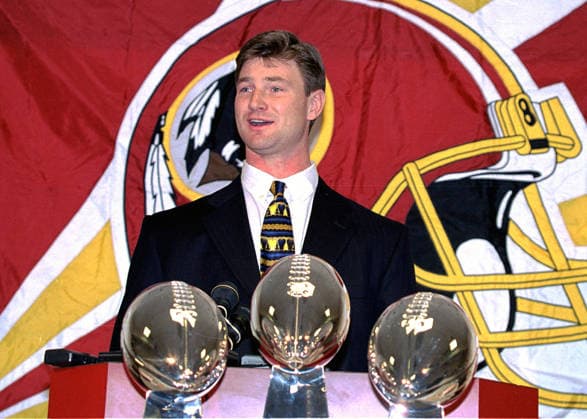 Feb. 16, 1999 - Ashburn, Virginia, United States of America - Newly acquired Washington Redskins quarterback Brad Johnson (14) appears at Redskins Park in Ashburn, Virginia for a press conference, PK, Pressekonferenz following his trade from the Minnesota Vikinga for a 1st & 3rd round draft choice in 1999 and a 2nd round draft choice in 2000 on February 16, 1999. .Credit: Arnie Sachs CNP Copyright: xArniexSachsx
