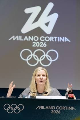 Milan Cortina Olympics: IOC president International Olympic Committee President Kirsty Coventry holds a press conference, PK, Pressekonferenz at the main press center of the Milan Cortina Olympics in Milan on Feb. 20, 2026.  A14AA0005308486P