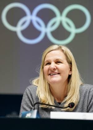 Milan Cortina Olympics: IOC president International Olympic Committee President Kirsty Coventry holds a press conference, PK, Pressekonferenz at the main press center of the Milan Cortina Olympics in Milan on Feb. 20, 2026.  A14AA0005308492P