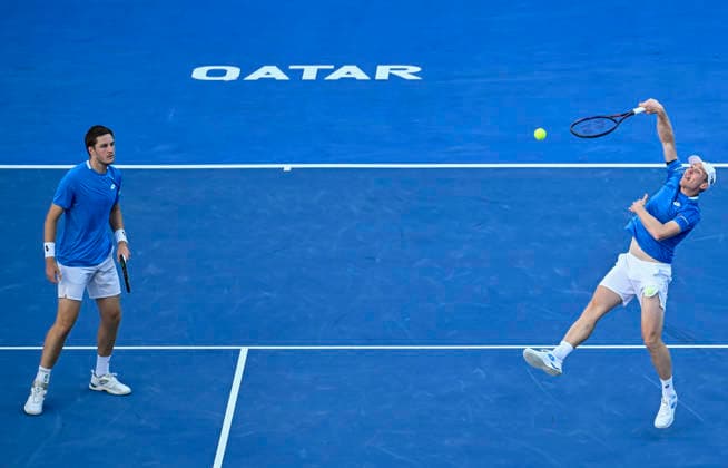 ATP, Tennis Herren Qatar ExxonMobil Open-Doubles Final Harri Heliovaara (R) of Finland and Henry Patten of Great Britain competes against Julian Cash and Lloyd Glasspool of Great Britain in the Doubles Final match at the ATP men s Qatar ExxonMobil Open 2026 tennis tournament at the Khalifa International Tennis Complex in Doha, Qatar, on February 20, 2026. DOHA Qatar Copyright: xNOUSHADx