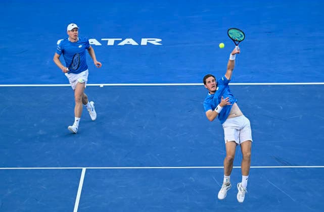 ATP, Tennis Herren Qatar ExxonMobil Open-Doubles Final Harri Heliovaara (L) of Finland and Henry Patten of Great Britain competes against Julian Cash and Lloyd Glasspool of Great Britain in the Doubles Final match at the ATP men s Qatar ExxonMobil Open 2026 tennis tournament at the Khalifa International Tennis Complex in Doha, Qatar, on February 20, 2026. DOHA Qatar Copyright: xNOUSHADx