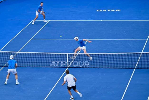 ATP, Tennis Herren Qatar ExxonMobil Open-Doubles Final Harri Heliovaara (top-R) of Finland and Henry Patten of Great Britain competes against Julian Cash and Lloyd Glasspool of Great Britain in the Doubles Final match at the ATP men s Qatar ExxonMobil Open 2026 tennis tournament at the Khalifa International Tennis Complex in Doha, Qatar, on February 20, 2026. DOHA Qatar Copyright: xNOUSHADx