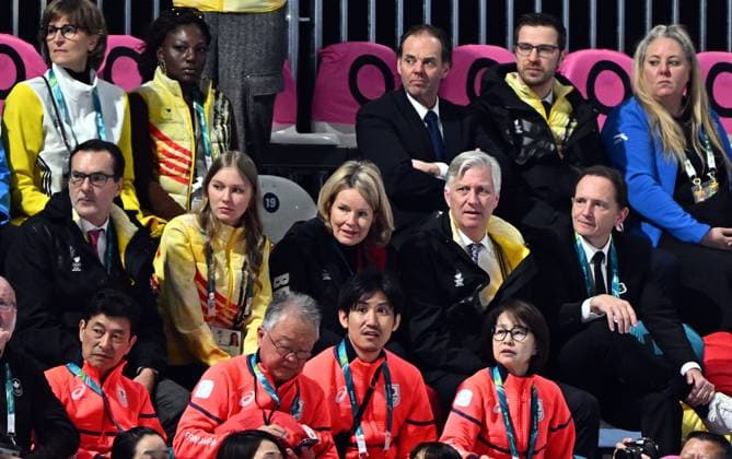 Belgian ambassador to Italy, Andy Detaille, Princess Eleonore, Queen Mathilde of Belgium, King Philippe - Filip of Belgium and BOIC - COIB chairman Jean-Michel Saive attend the Women s 1500m Speed skating, Eisschnelllauf race at the Milano Cortina 2026 Olympic Winter games, Winterspiele,Spiele, Summer games on Friday 20 February 2026 in Milan, Italy. The XXV Winter Olympics take place from 6 to 22 February 2026 in Italy. JASPERxJACOBS  x164334440x