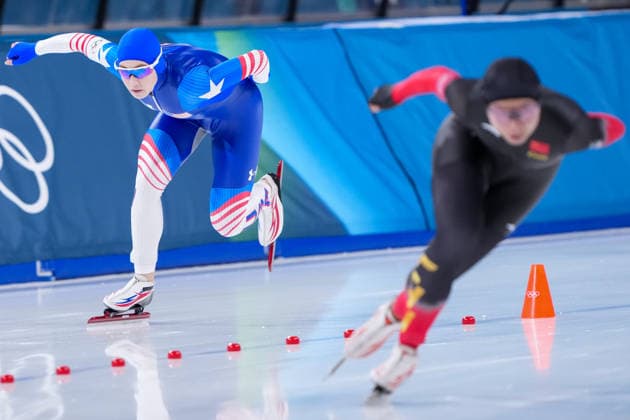 2026-02-20 - Milano Cortina 2026 Winter Olympics 1500m Women MILAN, ITALY - FEBRUARY 20: Greta Myers of United States of America, Qi Yin of China during the 1500m Women on day 16 of the Milano Cortina 2026 Winter Olympics at the Milano Speed skating, Eisschnelllauf Arena on February 20, 2026 in Milan, Italy Milan Milano Speed Skating Arena Italy Content not available for redistribution in The Netherlands directly or indirectly through any third parties. Copyright: xAndrexWeeningx