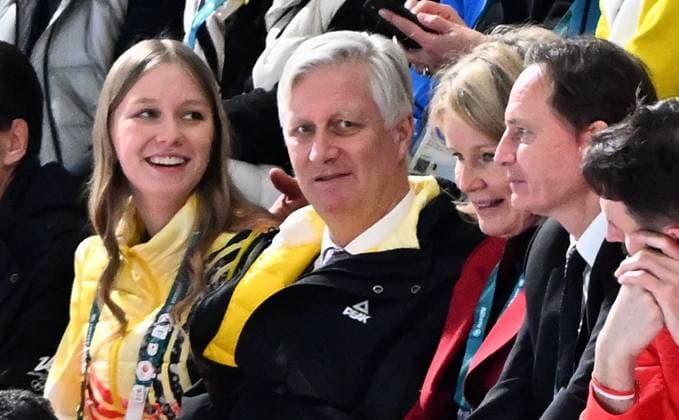 Belgian ambassador to Italy, Andy Detaille, Princess Eleonore, Queen Mathilde of Belgium, King Philippe - Filip of Belgium and BOIC - COIB chairman Jean-Michel Saive attend the Women s 1500m Speed skating, Eisschnelllauf race at the Milano Cortina 2026 Olympic Winter games, Winterspiele,Spiele, Summer games on Friday 20 February 2026 in Milan, Italy. The XXV Winter Olympics take place from 6 to 22 February 2026 in Italy. JASPERxJACOBS  x164335784x