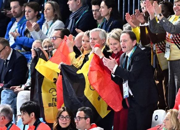 Belgian ambassador to Italy, Andy Detaille, Princess Eleonore, Queen Mathilde of Belgium, King Philippe - Filip of Belgium and BOIC-COIB president Jean-Michel Saive attend the Women s 1500m Speed skating, Eisschnelllauf race at the Milano Cortina 2026 Olympic Winter games, Winterspiele,Spiele, Summer games on Friday 20 February 2026 in Milan, Italy. The XXV Winter Olympics take place from 6 to 22 February 2026 in Italy. JASPERxJACOBS  x164337513x