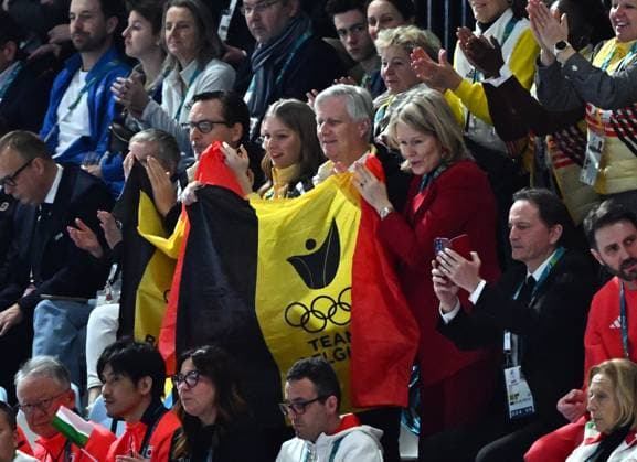 Belgian ambassador to Italy, Andy Detaille, Princess Eleonore, Queen Mathilde of Belgium, King Philippe - Filip of Belgium and BOIC-COIB president Jean-Michel Saive attend the Women s 1500m Speed skating, Eisschnelllauf race at the Milano Cortina 2026 Olympic Winter games, Winterspiele,Spiele, Summer games on Friday 20 February 2026 in Milan, Italy. The XXV Winter Olympics take place from 6 to 22 February 2026 in Italy. JASPERxJACOBS  x164337517x
