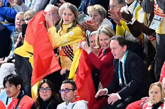 Belgian ambassador to Italy, Andy Detaille, Princess Eleonore, Queen Mathilde of Belgium, King Philippe - Filip of Belgium and BOIC-COIB president Jean-Michel Saive attend the Women s 1500m Speed skating, Eisschnelllauf race at the Milano Cortina 2026 Olympic Winter games, Winterspiele,Spiele, Summer games on Friday 20 February 2026 in Milan, Italy. The XXV Winter Olympics take place from 6 to 22 February 2026 in Italy. JASPERxJACOBS  x164337518x