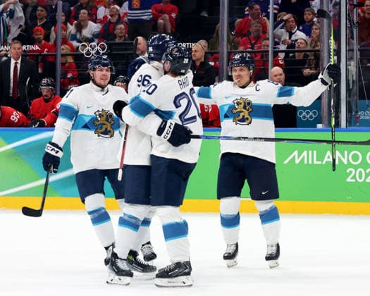 February 20, 2026, Milan, Lombardy, Italy: Mikko Rantanen (96) of Team Finland celebrates with teammates a goal against Team Canada in a men s Ice hockey, Eishockey semifinal during the Milano Cortina 2026 Olympic Winter games, Winterspiele,Spiele, Summer games at Milano Santagiulia Ice Hockey Arena Olympics 2026: Milano Cortina: Ice Hockey-Men Semifinal- CAN-FIN  - ZUMAm117 20260220_oly_m117_007 Copyright: xDavidxMcIntyrex