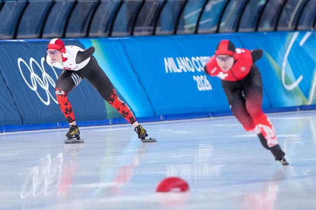 2026-02-20 - Milano Cortina 2026 Winter Olympics 1500m Women MILAN, ITALY - FEBRUARY 20: Ivanie Blondin of Canada, Kaitlyn McGregor of Switzerland during the 1500m Women on day 16 of the Milano Cortina 2026 Winter Olympics at the Milano Speed skating, Eisschnelllauf Arena on February 20, 2026 in Milan, Italy Milan Milano Speed Skating Arena Italy Content not available for redistribution in The Netherlands directly or indirectly through any third parties. Copyright: xAndrexWeeningx
